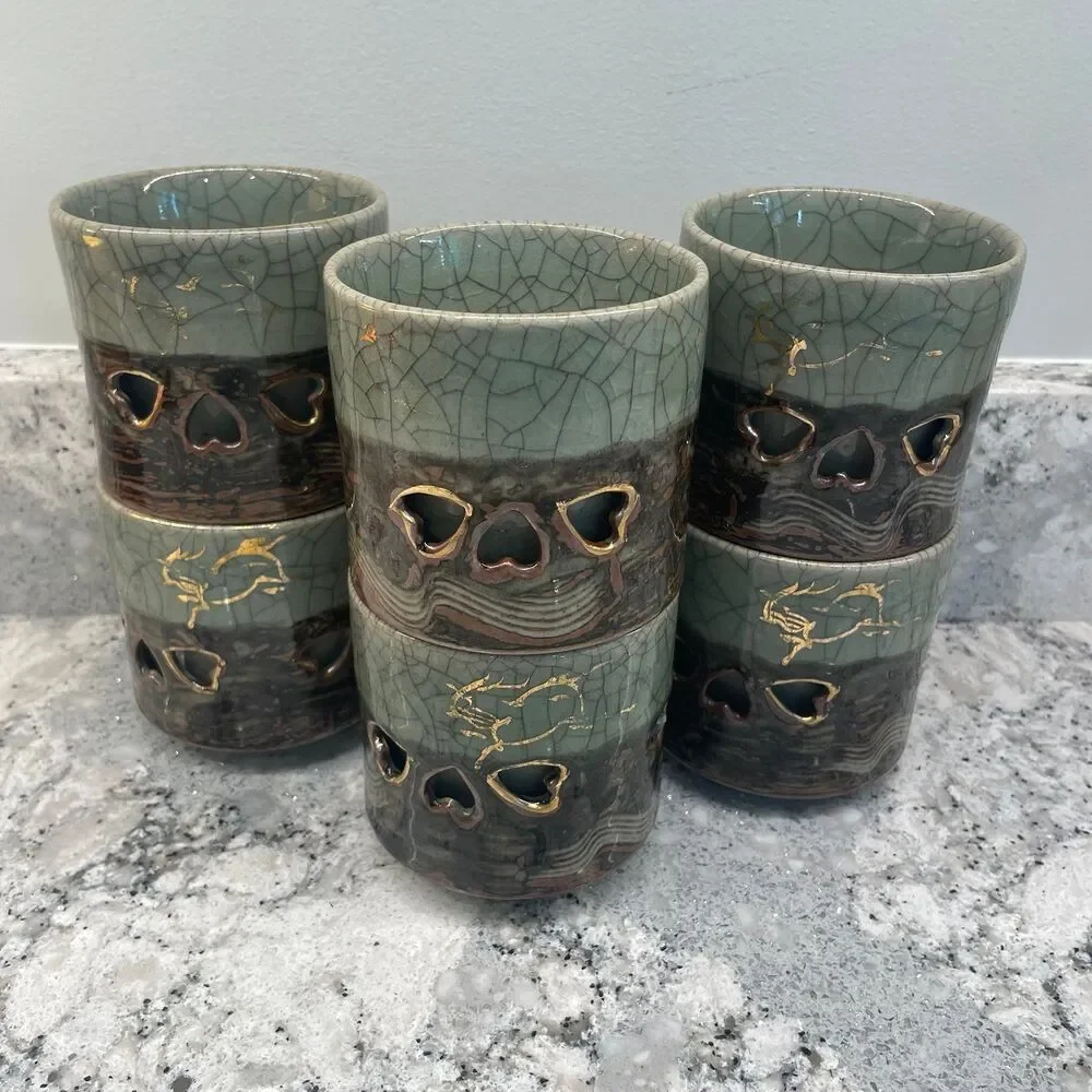 Vintage Somayaki Soma Ware Green Crackle Gold Horse Double Wall Mugs Set 6